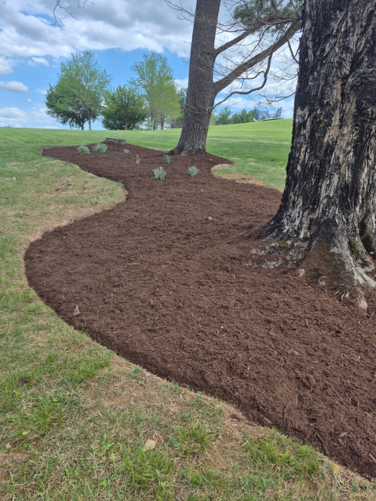 Mulch: Fresh dark mulch installation and garden bed maintenance.